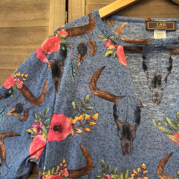 L&B Lucky &‎ Blessed Blue Floral Cow Skull Print Western Art Boho Gypsy Top Sz L - Picture 4 of 15